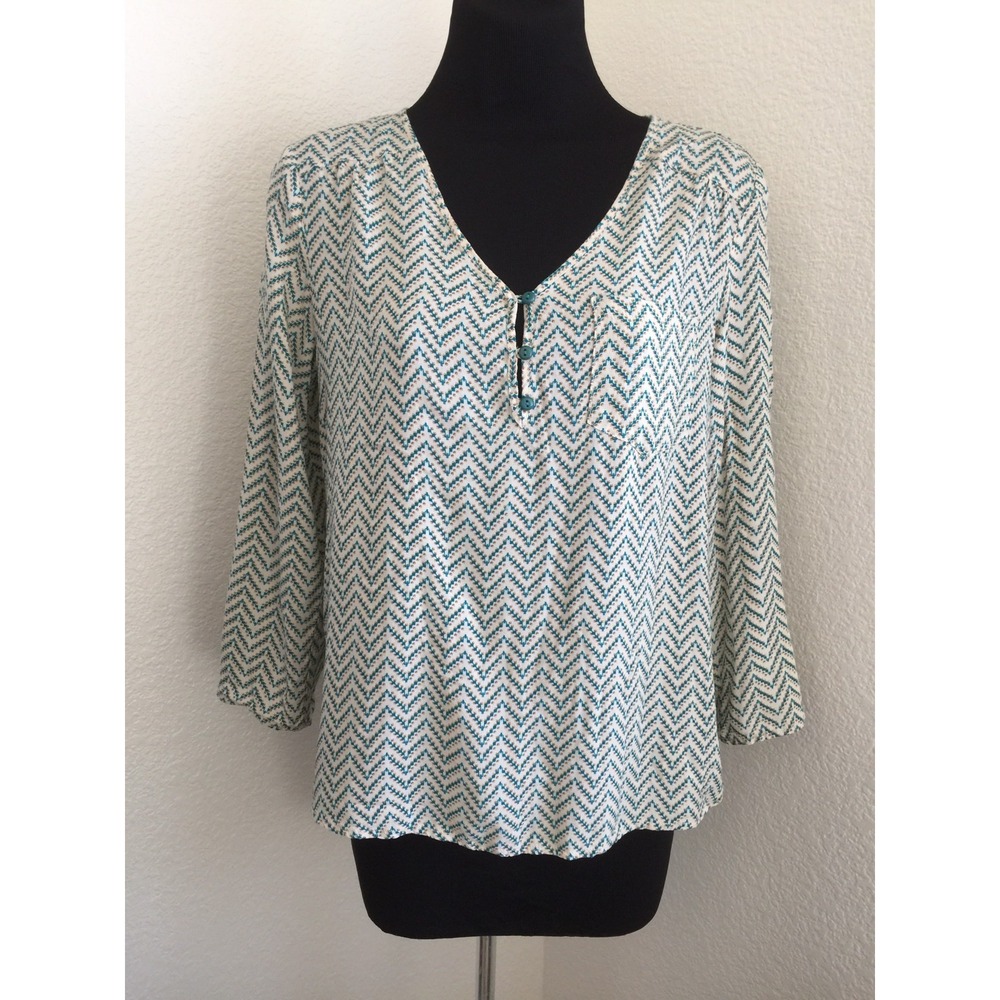 41 HAWTHORN Stitch Fix Green Cream Herringbone Print Blouse Tab Sleeve Size S